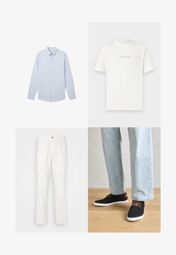 Šviesiai mėlyna ilgomis rankovėmis mygtukų marškiniai su plonomis baltomis juostelėmis, klasikinio apykaklės dizaino ir kairiajame krūtinės šone esančia kišene, pagaminti iš medvilnės audinio.; Balta medvilninė marškinėliai trumpomis rankovėmis ir apvaliu iškirpimu. Viduryje esantis tekstas sako "SVEIKI ATVYKĘ Į PARADISĄ" kreiptu žaliu šriftu.; Balti audiniai kelnių su tiesiu kirpimu, turinčiais dvi priekinės kišenes ir mygtukų užsegimą. Sklandus paviršius ir tvarkinga dizaino išvaizda.; Juodi drobės sportbačiai su rudos spalvos akcentais, baltais gumos padu, rudi raišteliai, derinami su šviesiai mėlynomis tiesiomis džinsinėmis kelnėmis. Medinis grindų fonas.