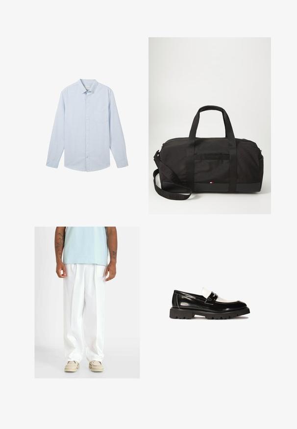 Camisa de botón de manga larga azul claro con finas rayas blancas, cuello clásico y un bolsillo de parche en el lado izquierdo del pecho, hecha de tela de algodón.; Camisa polo negra de algodón, con cuello clásico, tapeta de tres botones, mangas cortas y un logo blanco en el lado izquierdo del pecho.; Pantalones anchos blancos con una textura suave, con pliegues frontales. Combinados con una blusa azul clara y zapatos beige.; Mocasines de charol negro con un acento de cuero blanco, suela de goma negra gruesa y detalles de costura. Textura suave con un acabado brillante.; Bolsa de deporte negra con tejido duradero, doble asa, correa desmontable, cierre de cremallera y un pequeño logo en la parte inferior.