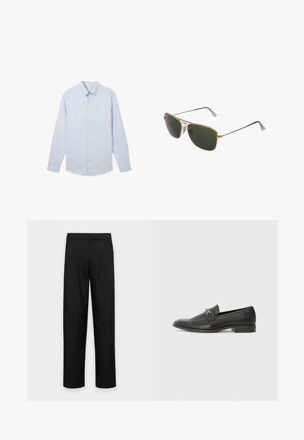 Hele hallid pikkade varrukatega nööbiga särk õhukeste valgete triipudega, klassikaline krae ja vasakul rinna kohal plaastrikotiga, valmistatud puuvillast kangast.; Mustad mustadest riietest, millel on sirge jalgade disain, kaks eesmist voltimist ja tavaline vöökoht, millel on vöökohad.; Must haveate nahkking punased, millel on sile viimistlus, tikitud muster ja dekoratiivne metallkett vampi üle. Tasane konts.; Kuldmetallist pilotisilmad suveprillid suurte tumeroheliste läätsedega, millel on õhuke raam ja läbipaistvad nina padjad mugavuseks.