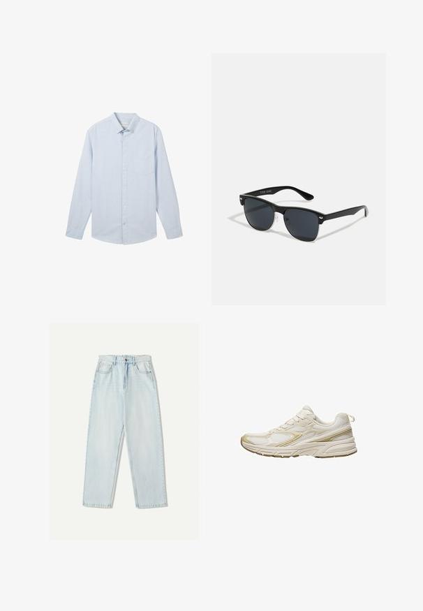 Vaaleansininen pitkähihaisen napillinen paita, jossa on ohuita valkoisia raitoja, klassinen kaulus ja vasemmassa rinnassa päällys tasku, valmistettu puuvillakankaasta.; Vaaleansiniset farkut, joissa on rento istuvuus, suora lahje, viisi taskua ja hillitty haalistuminen kankaassa.; Valkoiset urheilukengät, jotka on valmistettu verkkokankaasta ja synteettisestä materiaalista. Kengissä on pyöristetty kärki, pehmustettu pohja ja beige korostus sivuilla.; Mustat aurinkolasit, joilla on suorakulmainen muoto, tummat linssit, hopeiset yksityiskohdat temppeleissä ja matta pinta kehykset.