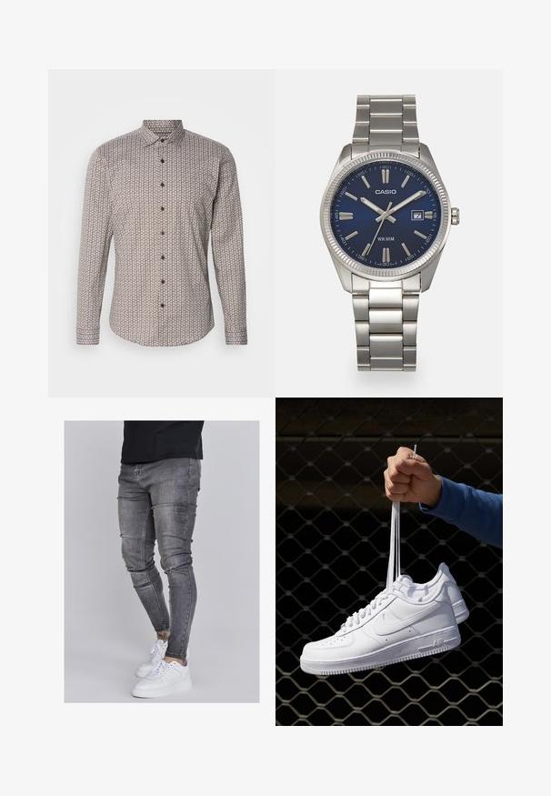 Lindbergh SUPERFLEX SHIRT - Srajca - deep brown; Oprijete jeans hlače iz izbledele sive denima, z obrabljenimi detajli na kolenih, v kombinaciji z belimi športnimi copati. Gladka tekstura, oblikovan slim fit dizajn.; Bela usnjena športna obutev s perforacijami, okroglo konico, ravnim podplatom in debelimi vezalkami, z vidnim logotipom smoosh in napisom "AIR" na peti.; Srebrna nerjaveča jeklena ura z modrim številčnico, kovinskimi kazalci ter oknom za datum na 3. uri. Vodoodporna do 50 metrov.