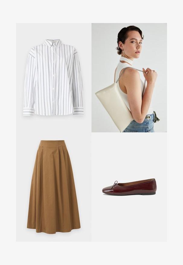 Balta kokvilnas krekla ar vertikālām tumši zila svītrām, klasiskām apkaklēm un garām piedurknēm ar svītrām. Mīksta tekstūra.; Brūna kokvilnas A formas svārki ar augstu jostasvietu, kurai priekšā ir krokas un gluda tekstūra. Apakšmala ir tīra un vienkārša.; Burgundijas laku ādas baleta kurpes ar noapaļotu purngalu, nelielu loku akcentu priekšā un zemu melnu gumijas zoli. Gluda tekstūra.; Balts taisnstūra clutch soma, izgatavota no spīdīga materiāla, ar sudraba ķēdes siksnu. Modelis pozē, demonstrējot somu uz vienkārša fona.