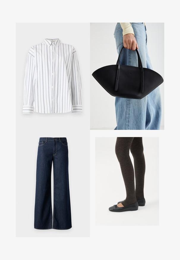 Balta medvilnės marškiniai su vertikaliais tamsiai mėlynais dryžiais, klasikinio tipo apykakle ir ilgomis rankovėmis su dryžuotais rankogaliais. Minkšta tekstūra.; Plati kojinės džinsai tamsiai mėlynos džinsinės medžiagos. Yra kontrastingas siuvimo ornamentas, penkios kišenės ir užsegimas mygtuku juosmenyje. Lygus paviršius.; Juodos plokščios bateliai su maža kaspinėlio detale prie pirštų, derinami su tamsiai rudos spalvos raukšlėtomis pėdkelnėmis. Bateliai turi lygų paviršių ir žemą profilį.; Juodas odinis rankinis uždangalas unikaliu ventiliatoriaus formos dizainu, turintis plokščias rankenas. Paviršius turi akmeninė tekstūrą ir minimalistišką dizainą.