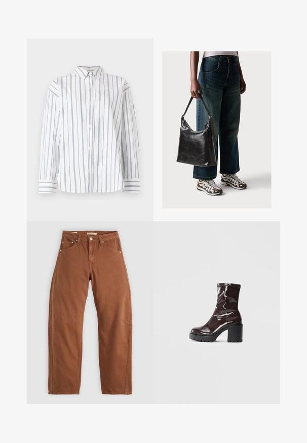 Bijela pamučna košulja s dugim rukavima i klasičnim ovratnikom, ukrašena vertikalnim tamnoplavim prugama. Mekana tekstura.; Traperice ravnog kroja u smešnoj smešnoj smešnoj boji, s prednjim i stražnjim džepovima, metalnim zakovicama, kopčanjem na dugme i petljama za remen, položene ravno na beloj pozadini.; Sjajna burgundska čizma do gležnja s debelim crnim potplatom, koja se odlikuje glatkom teksturom i jednostavnim dizajnom. Nema vidljivih kopčanja ili uzoraka.; Crna kožna torba za rame s glatkom teksturom i podešivim remenom, u kombinaciji s izblijedjelim širokim trapericama i sportskim tenisicama.
