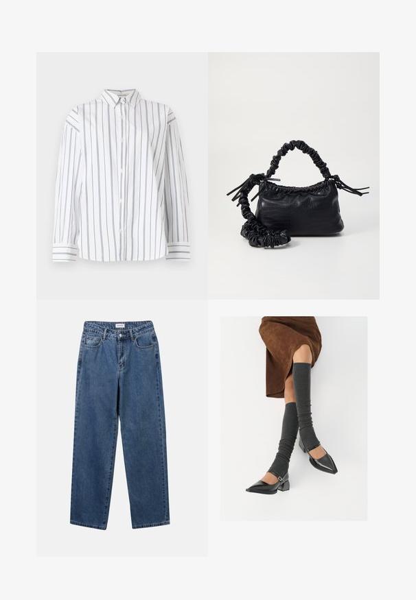 White cotton button-up shirt with vertical navy stripes, a classic collar, and long sleeves featuring striped cuffs. Soft texture.; Classic blue denim jeans with a straight-leg design, five pockets, and a button closure. Features a medium wash and sturdy texture.; Black patent leather pointed-toe shoes with a block heel and ankle strap, paired with gray ribbed leg warmers and a brown suede skirt.; Black faux leather handbag with a crocodile texture, cinched top, and a scrunched strap. Appears soft and compact in design.