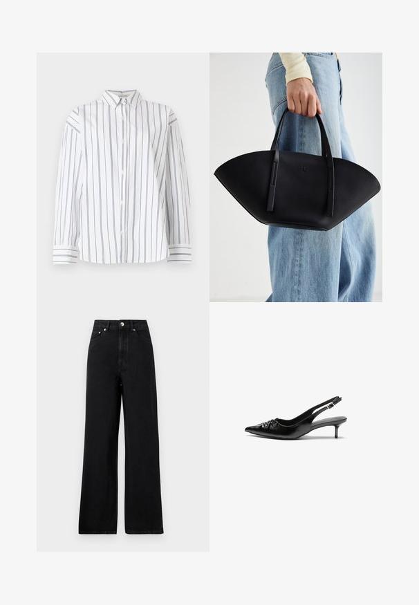 Cămașă albă din bumbac, cu nasturi, cu dungi verticale bleumarin, guler clasic și mâneci lungi cu manșete stripate. Textură moale.; Jeans negre din denim cu talie înaltă, cu un design cu picioare largi, având cinci buzunare și accente din metal argintiu. Textură netedă în general.; Cizme slingback din piele neagră, cu vârf ascuțit, toc mic de tip kitten heel și un detaliu decorativ sub formă de nod în față. Textură netedă pe întreaga suprafață.; Geantă de piele neagră cu o formă unică de evantai, având mânere plate. Suprafața are o textură cu mici granule și un design minimalist.