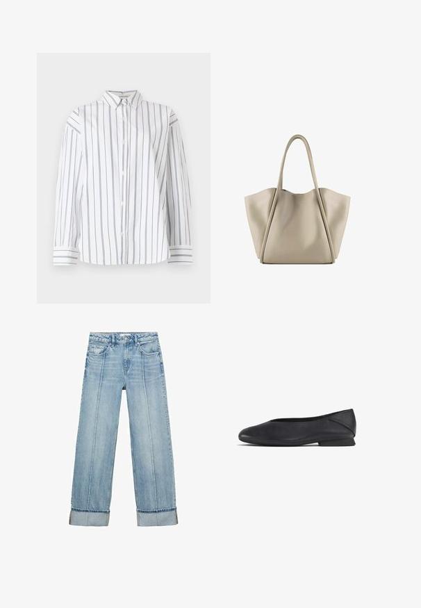 White cotton button-up shirt with vertical navy stripes, a classic collar, and long sleeves featuring striped cuffs. Soft texture.; Light blue denim wide-leg jeans with a high waist, featuring five pockets, visible stitching, and turned-up hems at the cuffs.; Black leather flat shoe with rounded toe and low heel, designed for casual or formal wear.; Beige leather tote bag with a spacious, structured design. Features two long handles and subtle stitching details; no visible hardware.