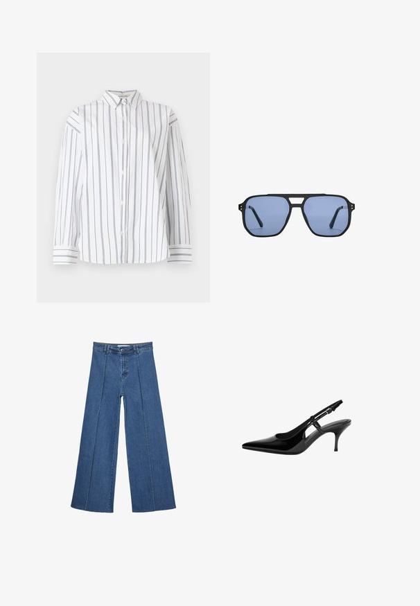 Biela bavlnená košeľa na gombíky s vertikálnymi námorníckymi pruhmi, klasickým golierom a dlhými rukávmi s pruhovanými manžetami. Mäkka textúra.; Rovné džínsy s širokými nohavicami v strednom modrom odtieni, so zvýšeným pásom, zapínaním na gombík a kontrastnými vertikálnymi švami pozdĺž prednej strany.; Čierne lakované lodičky na podpätku so špicatou špičkou, otvorenými bokmi, štíhlým podpätkom a nastaviteľným remienkom okolo členka.; Stradivarius RETRO - Slnečné okuliare - light blue
