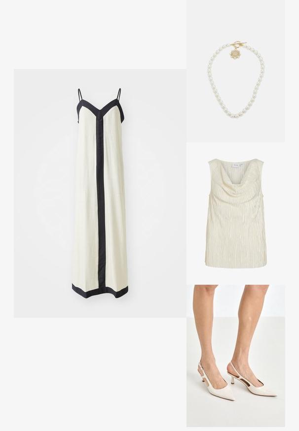 Top bez rukava u krem boji s drapiranim dekolteom i teksturiranim, rebrastim uzorkom. Glatka tkanina s blagim sjajem.; Maxi haljina bez rukava u krem boji s dubokim V-izrezom i crnim obrubima duž rubova i sprijeda. Izrađena od lagane tkanine.; Bež cipele na petu od lakiranih koža s uskim vrhom i petom od 5 cm, s izrezanim stranama i tankim remenom oko gležnja.; Bijela cvjetna torba s nabranom površinom od tkanine, zlatnom lancem za nošenje i metalnim kopčanjem. Ima teksturirane latice kao dodatak detalju.; Lauren Ralph Lauren COLLAR - Ogrlica - gold-coloured/white