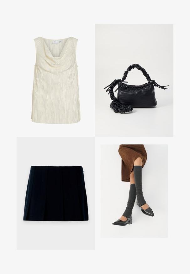 Beżowy top bez rękawów z drapowanym dekoltem oraz teksturowanym, prążkowanym wzorem. Gładki materiał z delikatnym połyskiem.; Czarna, plisowana mini spódnica wykonana z materiału. Posiada prostą talię i wiele pionowych fałd dla kształtu i tekstury.; Czarne lakierowane buty na szpilce z prostokątnym obcasem i paskiem na kostce, zestawione z szarymi prążkowanymi ocieplaczami na nogi oraz brązową zamszową spódnicą.; Czarna torebka z syntetycznej skóry o teksturze krokodyla, z zaciąganym górnym zamknięciem i marszczonym paskiem. Wygląda na miękką i zwartą w designie.
