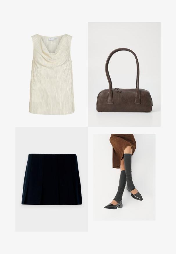 Kreemivärvi ilmaäärega topp, millel on langev dekoltee ja tekstuuriga sooniline muster. Sile kangas, millel on kerge läige.; Must mustriga mini seelik, mis on valmistatud kangast. Omab sirget vöönda ja mitu vertikaalset voldikut kuju ja tekstuuri loomiseks.; Mustad patsaline odav värviga kingad, millel on kreen ja pahkluuring, on paaritatud hallide ribakudumitega sääremiidega ja pruunist nahast seelikuga.; Pruunist nahast käsipagas kahe tugeva käepidemega, kandiline kuju, sile tekstuur ja tõmblukuga sulgemine. Minimalistlik disain, ilma nähtavate mustriteta.