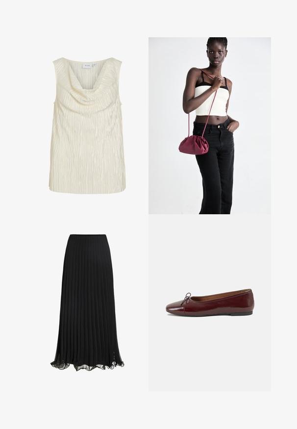 Šviesiai kreminės spalvos bevandžių marškinėlių viršus su drapiruotu apykaklės dizainu ir tekstūruota, išilginėm raštu. Lygus audinys su švelniu blizgesiu.; Juoda plisuota maksinė sijonas, pagamintas iš lengvos medžiagos su plaukiotu dizainu. Jame yra raukšlėtas apvadas ir elastinė juosmens juosta komfortui.; Bordo lakiotos odos baleto bateliai su apvalia nosimi, maža kaspinėlio akcentu priekyje ir žema juoda guma padanga. Lygi tekstūra.; Bordo minkštas audinys rankinukas su susiraukšlėjimu ir ilgu dirželiu, dėvimas per kūną. Modelis vilki baltą trumpą palaidinę ir juodas džinsus.