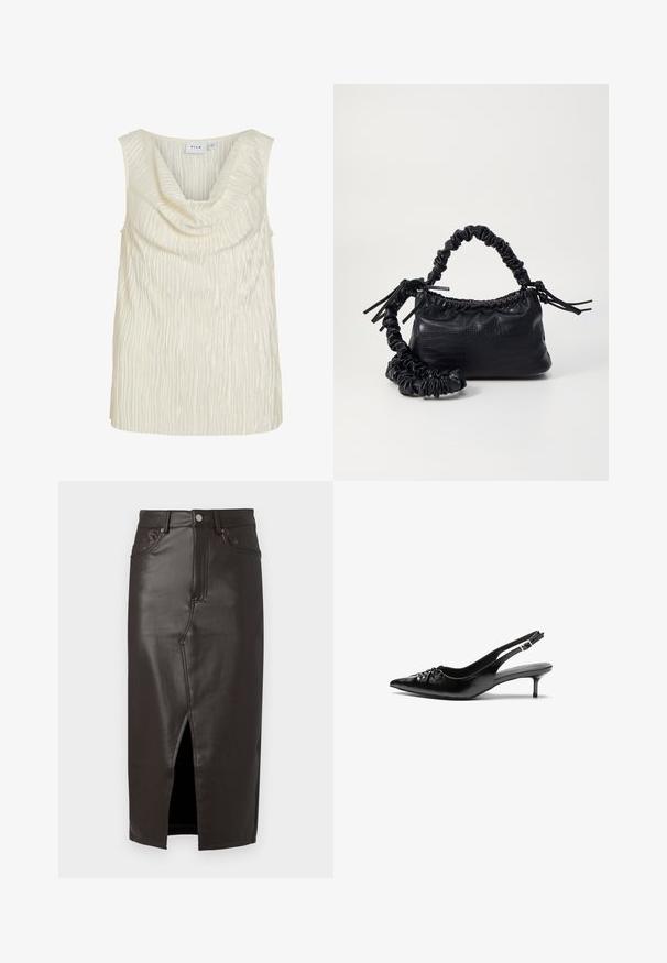 Bezragu blūze krēmkrāsā ar drapēta stila kakla izgriezumu un faktūras ribu rakstu. Gluda auduma virsma ar vieglu spīdumu.; Brūna ādas midi svārki ar priekšējo slēdzeni, piecu kabatu dizains un metāla pogas aizdare. Gluda tekstūra un piegriezuma piemērotība.; Melni ādas sandales ar norādītu pirkstu, mazu kaķa papēdi un dekoratīvu mezglu detaļu priekšā. Gluda tekstūra visā virsmā.; Melnā mākslīgās ādas rokassoma ar krokodila rakstu, savilkta augšdaļa un saburzīta siksna. Izskatās mīksta un kompakta pēc dizaina.