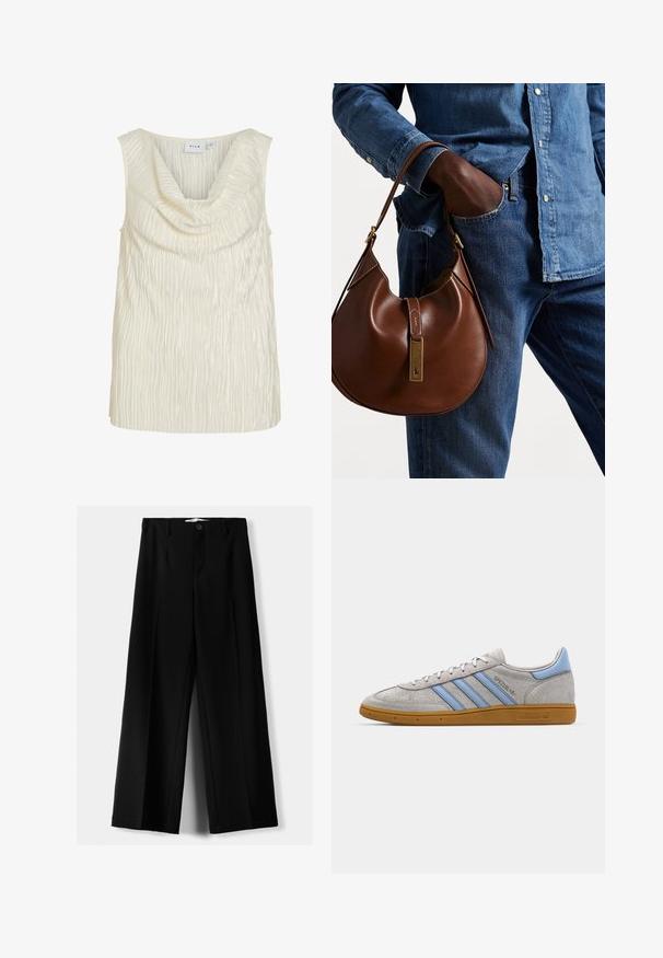 Ärmelloses Oberteil in Creme mit einem drapierten Cowl-Ausschnitt und einem strukturierten, gerippten Muster. Glatte Stoffoberfläche mit leichtem Glanz.; Schwarze weite Hosen aus leichtem Stoff, mit einem Knopfverschluss vorne und flachem Bund, mit sorgfältig genähten Säumen.; Grau Wildleder Sneaker mit hellblauen Streifen, gummiertem Sohlenmaterial und Logo-Akzenten. Niedriges Design mit runder Zehenform und Schnürverschluss.; Braune Leder-Hobo-Tasche mit runder Form, ausgestattet mit goldenen Hardware-Details und kontrastierenden Nähten. Kombiniert mit einem Jeanshemd und Jeans.