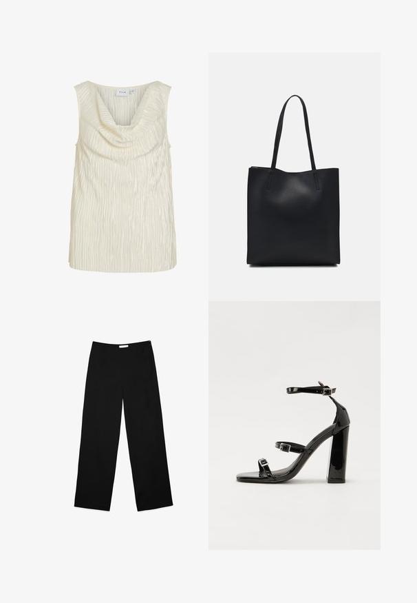 Top senza maniche di colore crema con scollatura a drappeggio e un motivo testurizzato a coste. Tessuto liscio con una leggera lucentezza.; Pantaloni a gamba larga in tessuto nero, caratterizzati da una texture liscia, un design pulito e una zip laterale discreta per la chiusura.; Sandali con tacco in vernice nera, con punta squadrata, cinturini alla caviglia e fibbie in argento. Presentano un tacco a blocco spesso per maggiore stabilità.; Borsa tote in pelle nera con texture liscia, forma rettangolare e due manici lunghi. Nessun hardware o decorazione visibile.