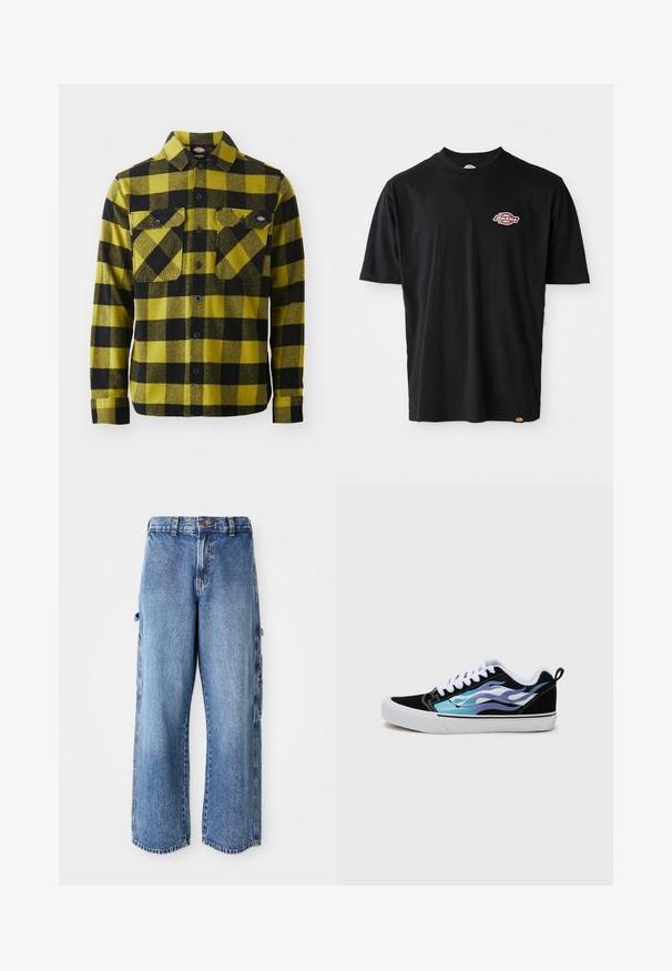 Cămașă din flanel cu un model în carouri galbene și negre, având un sistem de închidere cu nasturi, două buzunare pe piept și un guler. Textură moale, mâneci lungi.; Tricou din bumbac negru cu guler rotund, mâneci scurte și un mic logo Dickies roșu și alb pe piept. Croială clasică.; Pantaloni cargo din denim de un albastru deschis, cu o croială largă, având buzunare laterale, o textură uzată și un tiv ușor desfăcut.; Adidași din suede negru cu o talpă din cauciuc alb. Prezintă modele de flacără iridescentă în nuanțe de albastru și violet. Șireturi albe și un dop în spate.