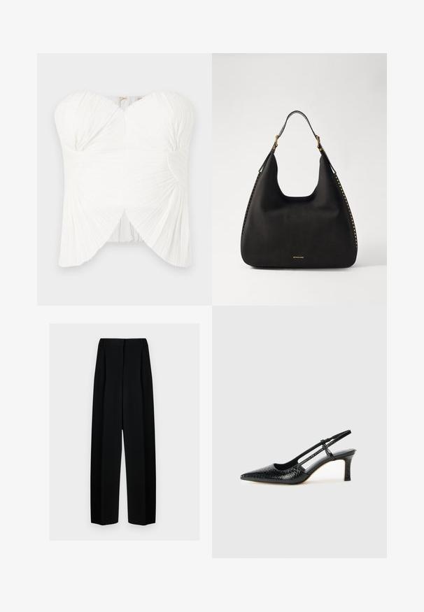 Top alb fără bretele, cu țesătură pliată, decolteu curbat și detaliu răsucit la bust. Textură netedă, cu siluetă ajustată și închidere reglabilă.; Pantaloni negri evazați cu talie înaltă, având plisseuri și o textură netedă. Țesătura pare ușoară și se așază elegant.; Pantofi cu toc slingback negri din patent, cu vârf ascuțit, cu imprimeu de șarpe texturat, curea ajustabilă și toc scurt texturat.; MICHAEL Michael Kors NOLITA HOBO  - Geantă de mână - black