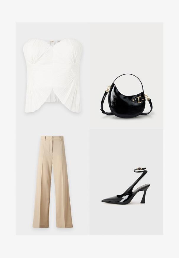 Bijela topla bez naramenica s nabranim materijalom, zakrivljenim dekolteom i preklopom na grudima. Glatka tekstura s oblikovanim siluetom i podesivim zatvaranjem.; Bež hlače širokih nogavica od glatkog materijala, s ravnim prednjim dijelom s plisejima, zatvaračem i petljama za remen. Ukupan kroj je prilagođen.; Crne lakirane slingback cipele s visokom potpeticom, u obliku špice, s podesivim remenom oko gležnja i umjerenom blok-potpeticom. Glatka tekstura s sjajnim završetkom.; Crna torbica od lakirane kože s zakrivljenim oblikom, podesivim remenom i detaljem od zlatnog metala sa strane. Glatka, sjajna tekstura.