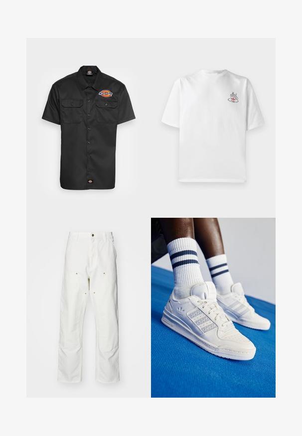 Cămașă neagră cu mânecă scurtă, fabricată dintr-un material durabil, având două buzunare pe piept, închidere cu nasturi și un logo colorat pe partea stângă a pieptului.; Cămașă albă din bumbac cu mâneci scurte, având un mic grafic cu o ceașcă de cafea roz și neagră în zona stângă a pieptului.; Pantaloni cargo din bumbac alb, cu o croială lejeră. Caracteristicile includ buzunare frontale, accesorii din metal aurit și secțiuni întărite la genunchi.; Adidași albaștri din piele cu accente perforate, trei dungi metalice și un panou lateral texturat. Purtați cu șosete albe cu dungi albastre.