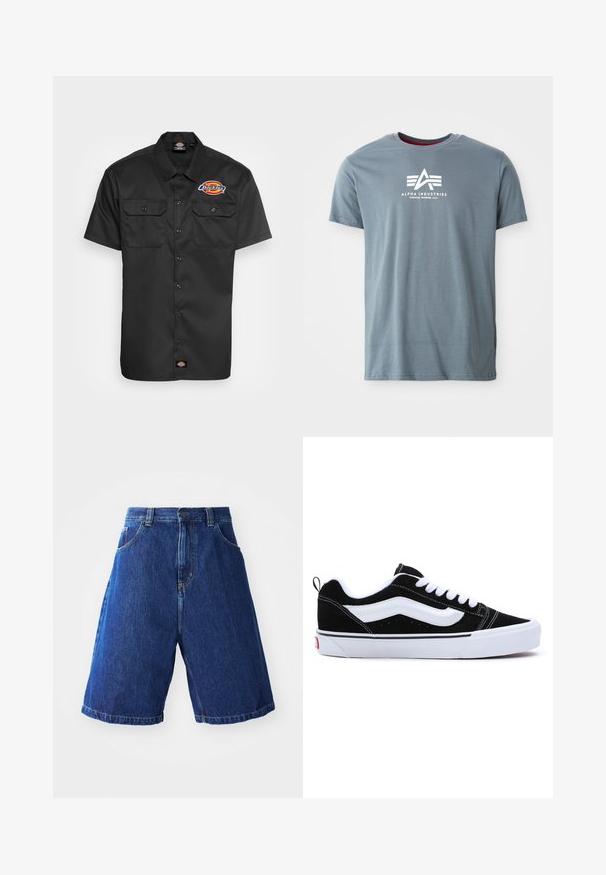 Lühikeste varrukatega must särk, mis on valmistatud vastupidavast kangast, kahe rinnatasku, nööbiga esiosa ja vasakul rinnal erksate värvidega logo.; Hallis hallide tee, millel on ümmargune kaelus ja lühikesed varrukad. Esiküljel on valge logo kolmnurkse kujundusega ja tekstiga.; Sinise pesu denim lühikesed püksid, kõrge vöökohaga, kahe esipocketiga ning kollase õmblusega õmblustel.; Mustad nahast sneaksid valgete aktsentidega, madala ülaosa disainiga, paeluva sulgemise ja paksu valge kummist tallaga. Brändi logo kandadel.