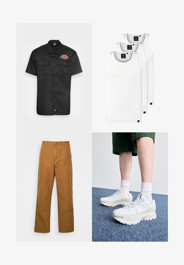 Czarna koszula z krótkim rękawem, wykonana z trwałego materiału, z dwiema kieszeniami na piersiach, zapięciem na guziki oraz kolorowym logo na lewej piersi.; Trzy białe prążkowane koszulki na ramiączkach wykonane z bawełny. Posiadają okrągły dekolt i małe czarne metki blisko dolnego brzegu. Dostępne w różnych rozmiarach.; Brązowe bawełniane spodnie robocze o prostym kroju, z przednimi kieszeniami i metalowymi elementami dla dodatkowej wytrzymałości.; Białe buty sportowe z teksturowanymi nakładkami, masywną podeszwą i szarymi akcentami. Nosi się je z białymi skarpetami do kostek i zielonymi szortami na niebieskiej powierzchni.