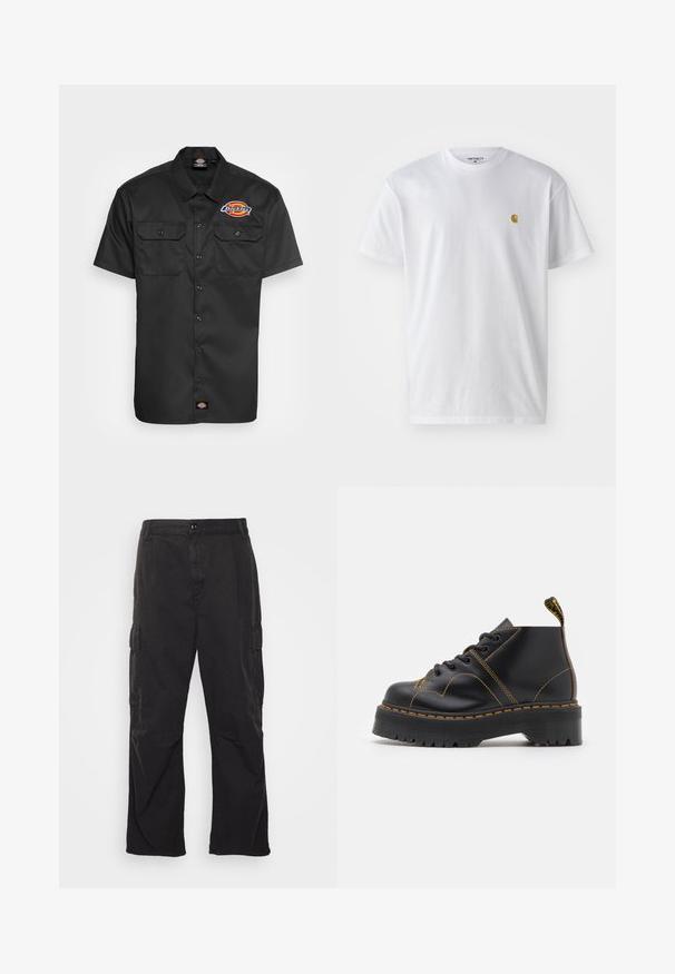 Kortärmad svart skjorta gjord av slitstarkt tyg, med två bröstfickor, knapplist fram och en färgglad logotyp på vänster bröst.; Vit bomullströja med korta ärmar, rund halsringning, med en liten guldlogotyp på vänster bröstområde. Mjuk textur och vanlig passform.; Svarta cargobyxor med rak bendesign, som har två sidofickor, ett knäppclosure och en strukturerad tyg.; Svarta ankelskängor med tjock, räfflad sula, kontrasterande gul söm och en dragflik vid klacken. Slätt skinnmaterial.