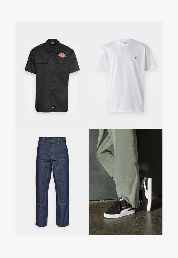 Kratka majica s kratkimi rokavi črne barve, izdelana iz trpežnega materiala, z dvema žepoma na prsih, gumbom spredaj in barvitim logotipom na levi strani prsnega dela.; Bela bombažna majica s kratkimi rokavi, krožnim ovratnikom, z majhnim zlatim logotipom na levem prsnem predelu. Mehka tekstura in običajen kroj.; Temno modri kavbojke z visokim pasom, ravnim krojem, kontrastnim šivom in žepekami na sprednji strani.; Črne semšaste športne copate z belimi gumijastimi podplati in stranskimi črtami, v kombinaciji s svetlo zelenimi cargo hlačami, ki stojijo na teksturirani temni površini.