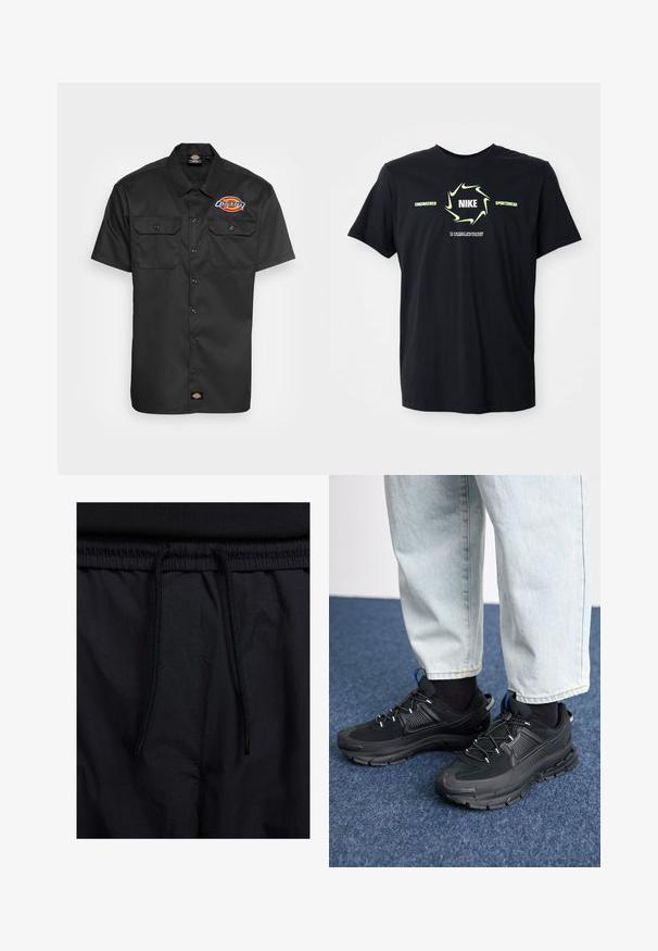 Rövid ujjú fekete ing tartós anyagból, két mellzsebbel, gombos elülső résszel és színes logóval a bal mellen.; Fekete Nike póló, világoszöld swoosh körrel a "NIKE" felirat körül, valamint "Engineered Sportswear" szöveggel és finomnyomtatott szöveggel alatta.; Fekete rövidnadrág, húzózsinórral ellátott derékrésszel, könnyű anyagból, sima felszínen, egyszerű dizájnnal, látható logók vagy minták nélkül.; Fekete sportcipők texturált anyaggal és gumitalppal, elasztikus fűzőkkel és kék kiegészítővel a saroknál. Világos farmernadrággal viselve.