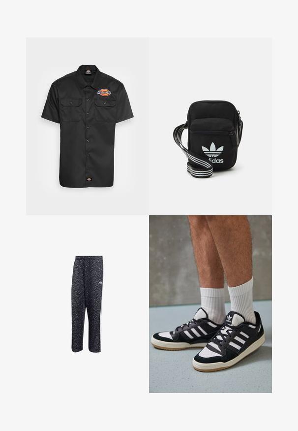 Korte mouwen zwarte shirt van duurzaam materiaal, met twee borstzakken, knopen aan de voorkant en een kleurrijk logo op de linkerkant van de borst.; Zwarte sportbroek met een luipaardpatroon, voorzien van een witte drie-strepenontwerp en een logo van een sportmerk aan de zijkant.; Zwart-witte sneakers met een bovenwerk van suede en leer, voorzien van drie witte strepen, een geperforeerde neus en een rubberen gumzool.; Zwarte stoffen schoudertas met een ritssluiting, voorzien van een wit Adidas-logo en een gestreepte, verstelbare schouderband voor gemakkelijk dragen.