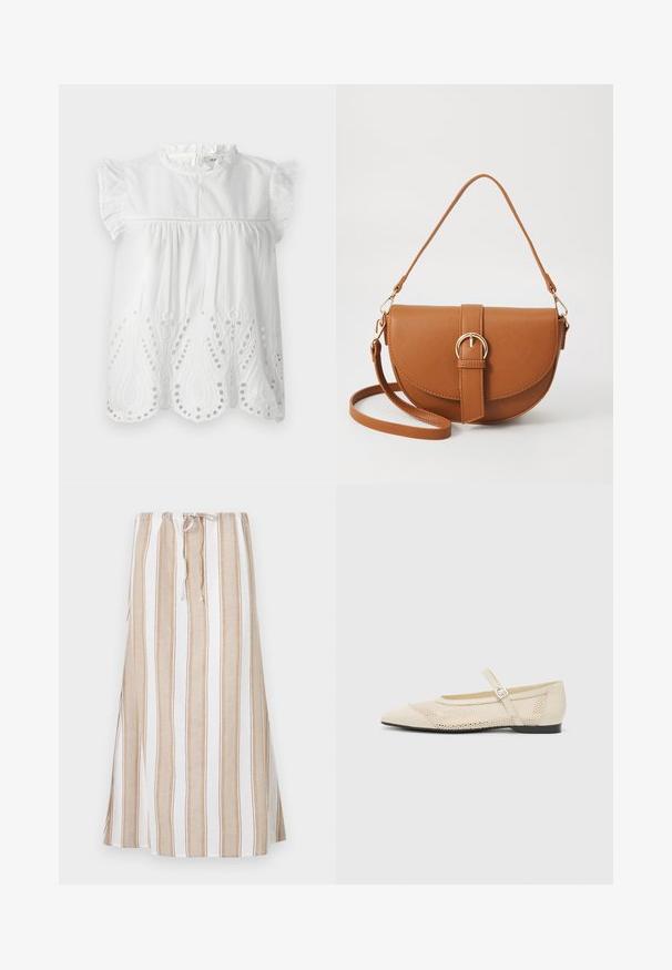 White cotton blouse with ruffled cap sleeves, a high collar, and embroidered eyelet detailing at the hem in a paisley pattern.; Striped skirt in white and light brown, featuring a drawstring waist and a long, flowing design. Made from lightweight fabric with a relaxed fit.; Beige ballet flats with a pointed toe, a mesh design overlay, and a side buckle strap. Flat sole with a smooth texture.; Brown leather crossbody bag with a curved shape, gold hardware, and a buckle accent. Features a detachable shoulder strap.
