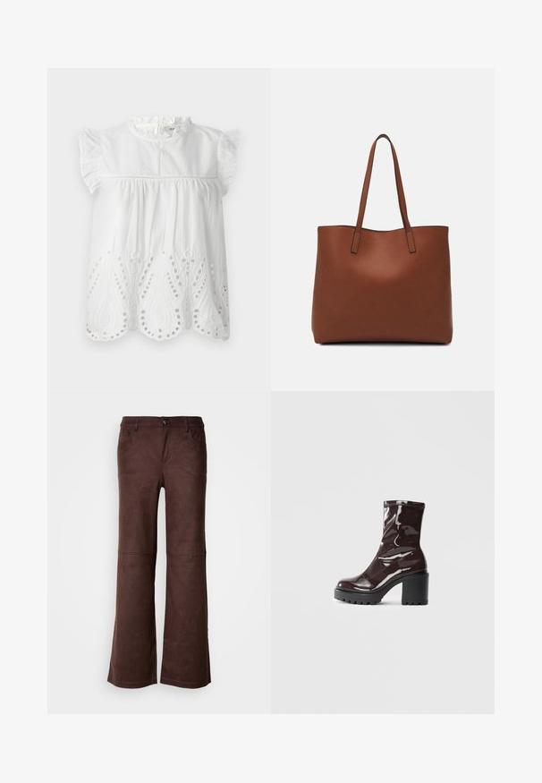 Balta medvilnės palaidinė su puriomis rankovėmis, aukštu apykakle ir siuvinėtu aklųjų iškarpų dekoru apatiniame krašte paisley raštu.; Rudos plačios kelnės iš minkštos, panašios į zomšą medžiagos. Turi keturias kišenes, sagų užsegimą ir lygią, tekstūruotą paviršių.; Blizgus burgundių spalvos kulknapis su tankiu juodu kulnu, pasižymintis lygiu paviršiumi ir paprastu dizainu. Nėra matomų užsegimų ar raštų.; Ruda odinė priekabų krepšys su glotnia tekstūra, atviru viršumi ir dviem petnešomis. Su minimalia siuvimo detalėmis ir nematoma aparatūra.