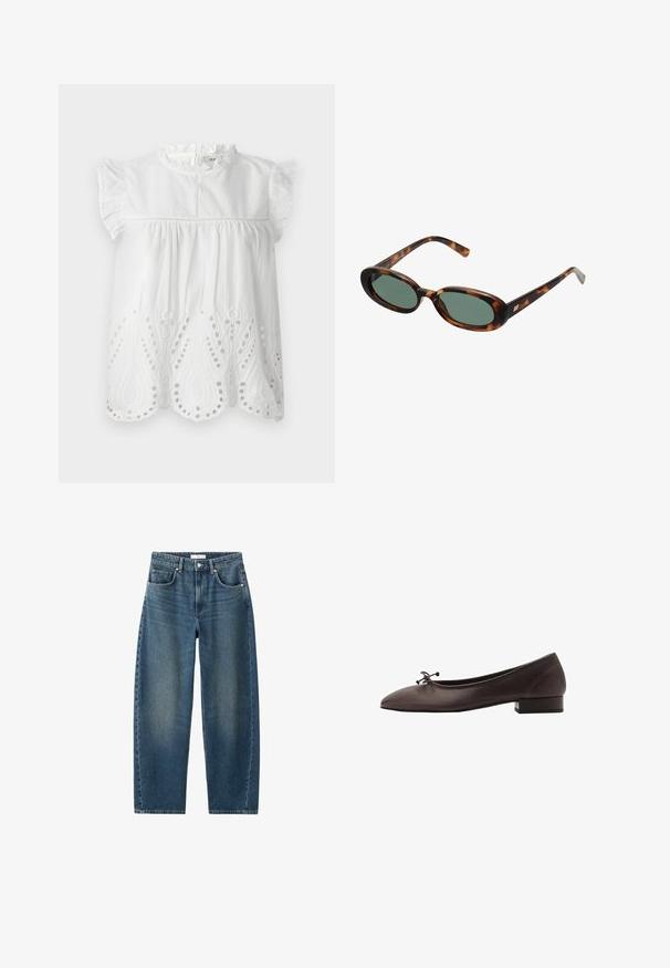 Bílá bavlněná blůza s volánovými rukávy, vysokým límcem a vyšívaným detailem na okraji ve vzoru paisley.; Tmavě modré džíny s rovnými nohavicemi, designem pěti kapes a klasickým knoflíkovým zapínáním. Měkká textura s jemným vyblednutím.; Hnědé kožené baletky s kulatou špičkou a malým blokovým podpatkem. Mají tenkou mašličku vpředu a decentní švy.; Sluneční brýle ve hmotě želvoviny s oválnými obroučkami a zelenými čočkami. Mají tenké stranice s metalickým akcentem u závěsů.; Tkaná žlutá kabelka s zakřivenou horní rukojetí a neformovaným tvarem. Texturovaný povrch má skrz naskrz křížový vzor.