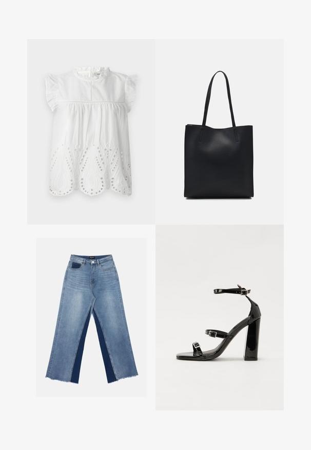 Blusa di cotone bianca con maniche a sbuffo, colletto alto e dettagli in pizzo ricamato all'orlo con motivo paisley.; Jeans a gamba larga di colore azzurro chiaro con pannelli in blu scuro a contrasto, orli sfilacciati e vita standard con chiusura a bottone metallico.; Sandali con tacco in vernice nera, con punta squadrata, cinturini alla caviglia e fibbie in argento. Presentano un tacco a blocco spesso per maggiore stabilità.; Borsa tote in pelle nera con texture liscia, forma rettangolare e due manici lunghi. Nessun hardware o decorazione visibile.
