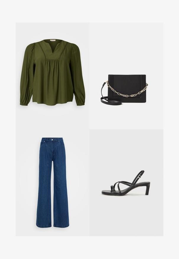 Olive green long-sleeve blouse with a V-neck, featuring vertical stripes, gathering at the waist, and puffed sleeves with elastic cuffs.; Wide-leg blue denim jeans with a high waist, front button and zipper closure, and front and back pockets against a plain background.; Black strappy sandal with a square toe and a low block heel. Features multiple thin straps and an adjustable ankle strap. Made of smooth leather.; Black leather crossbody bag featuring a smooth texture, rectangular shape, and a metallic chain detail on the front. Adjustable strap included.