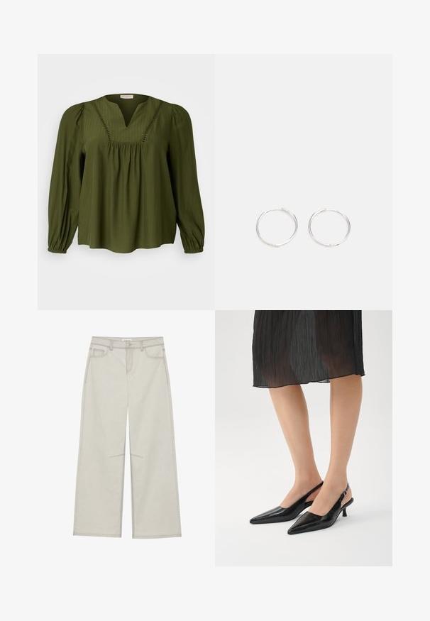 Olive spalvos ilgomis rankovėmis palaidinė su V formos iškirpte, turinti vertikalių juostelių, surinkimą juosmens zonoje bei pūstas rankoves su elastingais manžetais.; Šviesiai pilkos plačios kelnės su penkiomis kišenėmis, priekyje užsegamos mygtuku ir su kontrastine siūle palei siūles. Audinys atrodo minkštas ir patvarus.; Juodos smailianos kojelės kulniukai su blizgiu paviršiumi, plona pakulne ir atvira nugara. Audinio paviršiuje yra tekstūruotas raštas.; Sidabrinės auskarai žiedai su sėslia, apvalia forma, pasižymintys lygia paviršiumi ir be matomų puošmenų. Svoris nenurodytas.