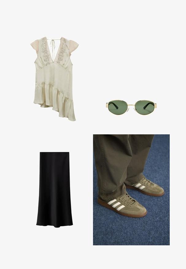 Lichtbeige blouse met doorschijnende mouwen met stippen, V-hals, bloemenborduursel op het lijfje en asymmetrische gerimpelde zoom.; Zwarte midi rok gemaakt van soepel, lichtgewicht materiaal. Heeft een rechte snit, geen zichtbare hardware en een eenvoudig ontwerp zonder patronen.; Groene suede sneakers met drie witte strepen, een bruine rubberen zool en gestructureerde veters, gecombineerd met olijfgroene broeken op een blauwe vloer.; Gouden metalen montuur zonnebril met groene getinte lenzen, ovale vorm, zwarte pootjes en doorzichtige neuspads. Strak, minimalistisch ontwerp.
