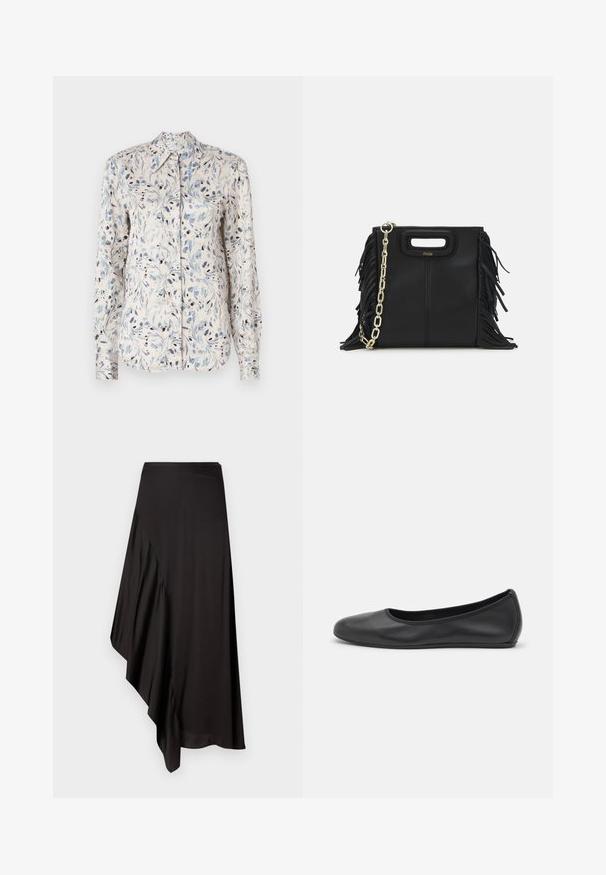 Koszula z długim rękawem w jasnym kremowym kolorze, zdobiona niebieskim kwiatowym wzorem z ciemnymi akcentami oraz z kołnierzykiem w kształcie ostrego kąta. Zapięcie na guziki z przodu.; AERON ASTER czarny; Czarne skórzane baletki z zaokrąglonym noskiem, gładką fakturą, minimalnymi przeszyciami i elastycznym designem podeszwy.; Czarna skórzana torebka na ramię z frędzlami, złotym łańcuszkiem oraz wyciętym uchwytem. Posiada umieszczone na przodzie logo.