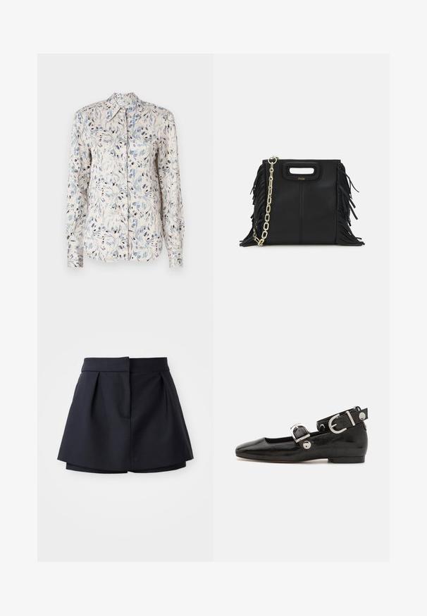 Dlhý rukáv košele v svetlo krémovej tkanine s modrým kvetinovým vzorom a tmavými akcentmi, s špicatým golierom. So zapínaním na gombíky.; Námorné plisované šortky s vysokým pásom, vyrobené z hladkej látky. Majú priliehavý strih a skrytú prednú kapsu.; Čierne lakované baleríny so štvorcovou špičkou, remienkom okolo členka so striebornými prvkami a plochou podrážkou. Hladký povrch s minimalistickým dizajnom.; Čierna kožená kabelka s strapcami, zlatým reťazovým ramenným popruhom a vykrojenou rukoväťou. Na prednej strane sa nachádza logo.