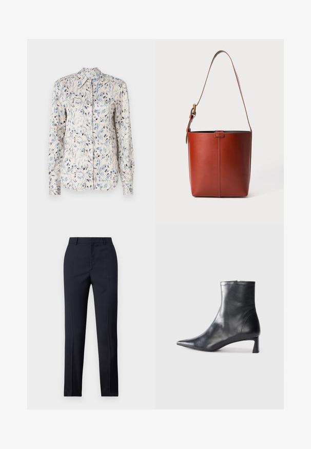 Long-sleeve shirt in light cream fabric featuring a blue floral pattern with dark accents and a pointed collar. Button-front design.; Navy tailored trousers with a straight cut, featuring a smooth texture, two front pockets, and a clean waistband.; Black leather ankle boot with a pointed toe and a sleek design. Features a low heel and a zipper closure at the back. Smooth texture.; Brown leather bucket bag with adjustable shoulder strap and gold-tone buckle, simple vertical seam detail on front.