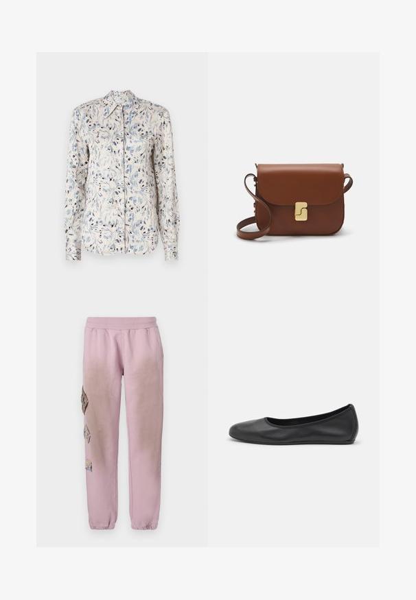 Cămașă cu mânecă lungă dintr-un material crem deschis, cu un model floral albastru și accente întunecate, având guler ascuțit. Design cu închidere cu nasturi.; Pantaloni de trening roz cu talie elastică, cu petice decorative în formă de diamant pe partea stângă și manșete elastice la glezne.; Balerini din piele neagră, cu vârf rotund, textură netedă, detalii de cusătură minimale și un design al tălpii flexibil.; Geantă de piele maro cu închidere tip capac, accesorii de culoare aurie, curea de umăr și o textură netedă. Formă compactă și rectangulară.