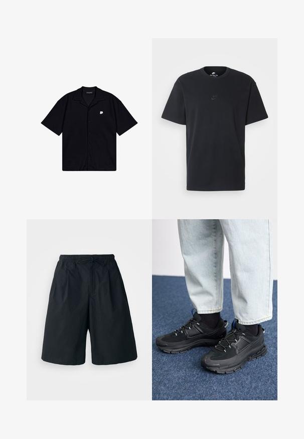 Fekete, rövid ujjú, gombos ing, amely texturált anyagból készült, hegyes gallérral és egy kis hímzett logóval a bal mellen.; Fekete pamut póló Nike márkájú, klasszikus, kerek nyakú, rövid ujjú, és letisztult, dombornyomott logóval a mellkason. Simább textúra.; Fekete rövidnadrág, gumis derékkal és állítható zsinórral. Simaságot biztosító anyagból készült, laza szabású és mintázat nélküli.; Fekete sportcipők texturált anyaggal és gumitalppal, elasztikus fűzőkkel és kék kiegészítővel a saroknál. Világos farmernadrággal viselve.