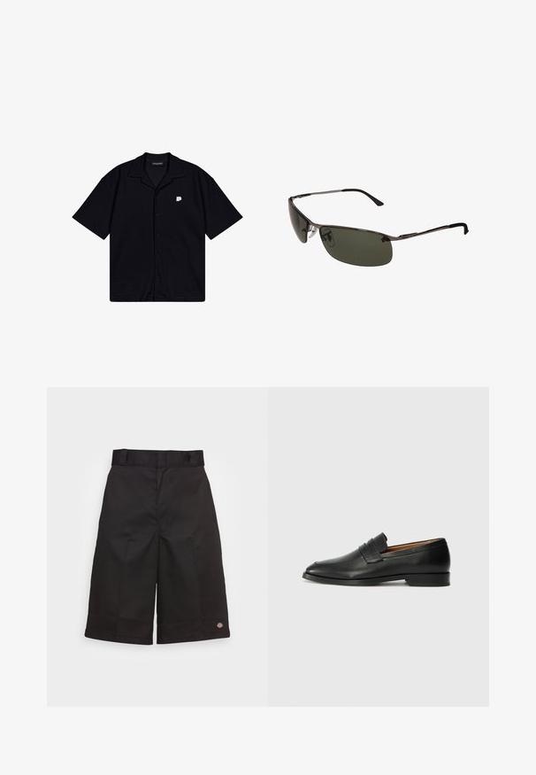 Zwarte kortekai overhemd met knopen, gemaakt van textuurstof, met een puntige kraag en een klein geborduurd logo op de linkerkant van de borst.; Witte katoenen mouwloze tanktop met een ronde halslijn, met een gladde textuur en een aansluitende pasvorm, ontworpen voor casual gebruik.; Zwarte katoenen shorts met een rechte snit, knielengte, voorzien van een zichtbaar merklogo op de zoom en een gladde textuur.; Zwarte leren instapper met een ronde neus, subtiele stikdetails en een lage hak, met een gladde textuur en een minimalistisch ontwerp.; Zonnebril met donkergroene lenzen, slank metalen frame, gebogen ontwerp en verstelbare neuspads. Beschikt over dunne, zwarte scharnieren.