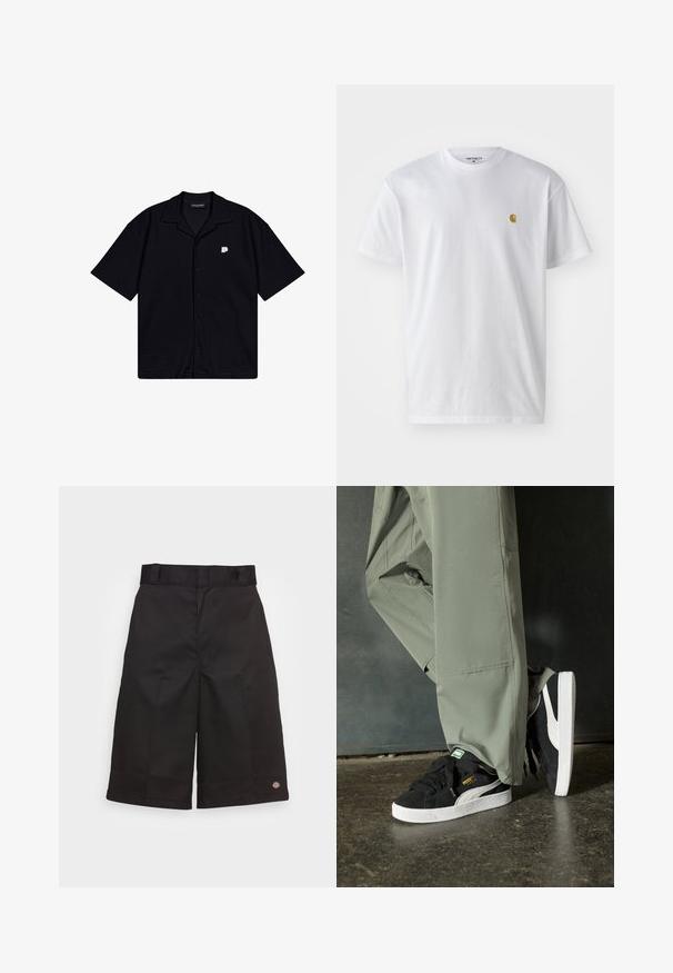 Czarna koszula z krótkim rękawem na guziki, wykonana z teksturowanej tkaniny, z wywijanym kołnierzem i małym haftowanym logo po lewej stronie klatki piersiowej.; Biała bawełniana koszulka z krótkim rękawem, okrągłym dekoltem, z małym złotym logo na lewej części klatki piersiowej. Miękka textura i regularny krój.; Czarne bawełniane szorty o prostym kroju, do kolan, z widocznym logo marki na dole oraz gładką fakturą.; Czarne zamszowe trampki z białymi gumowymi podeszwami i bocznymi paskami, w połączeniu z jasnoszarymi spodniami cargo, stoją na teksturowanej ciemnej powierzchni.