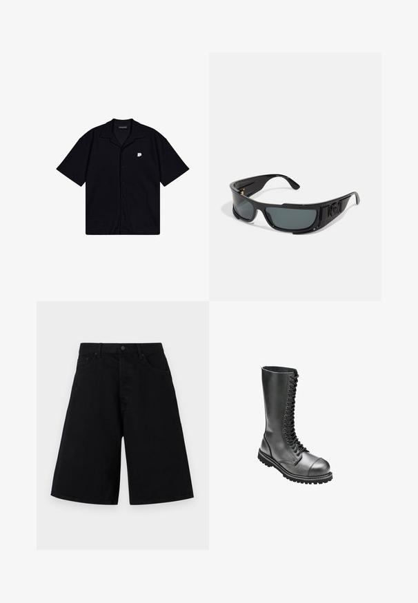 Zwarte kortekai overhemd met knopen, gemaakt van textuurstof, met een puntige kraag en een klein geborduurd logo op de linkerkant van de borst.; Zwarte denim shorts met een ontspannen pasvorm, voorzien van een klassieke vijf-pocket ontwerp en knoopsluiting, een gladde textuur en rechte pijpen.; Zwarte leren veterlaarzen met een hoge schacht, ronde neus, gewatteerde kraag en een geprofileerde rubberen zool voor betere grip.; Zonnebril met een zwart plastic montuur, grijze lenzen, een omhulde ontwerp, zijaccenten en een logo-opdruk op de poot.