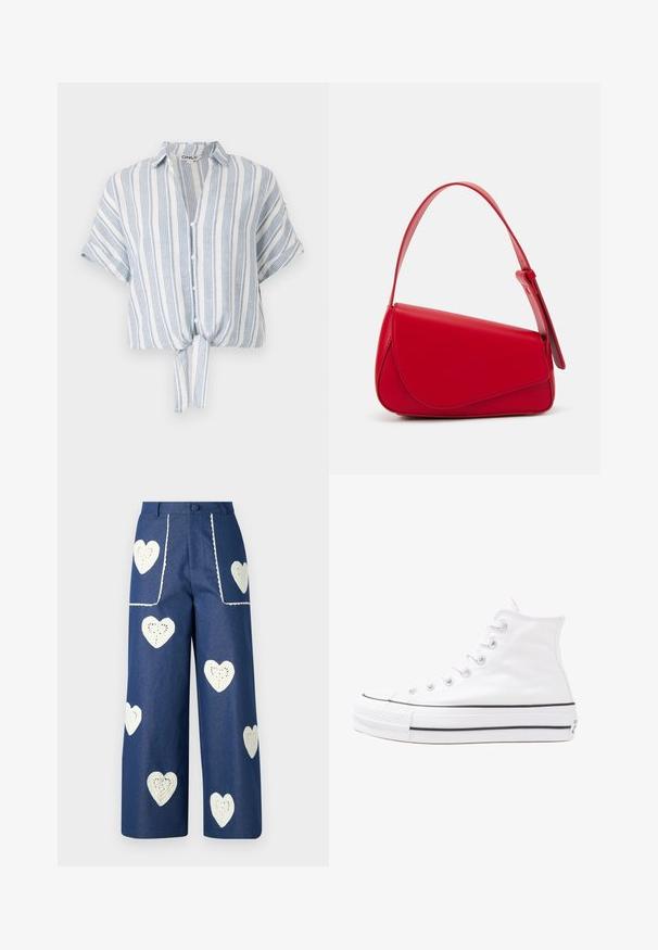 Camisa curta de manga curta em tecido leve, com riscas verticais azuis e brancas, fecho de botão à frente e detalhe de laço na cintura.; Sister Jane HEART TO HEART - Calças de ganga de perna direita - blue denim; Sapatilha alta de tela branca com sola de borracha preta, bico de borracha na frente e seis ilhós para os atacadores, apresentando um design limpo e minimalista.; Bolsa de mão em couro vermelho com um design angular e geométrico. Apresenta uma única alça ajustável e um fecho com aba, com detalhes cosidos.