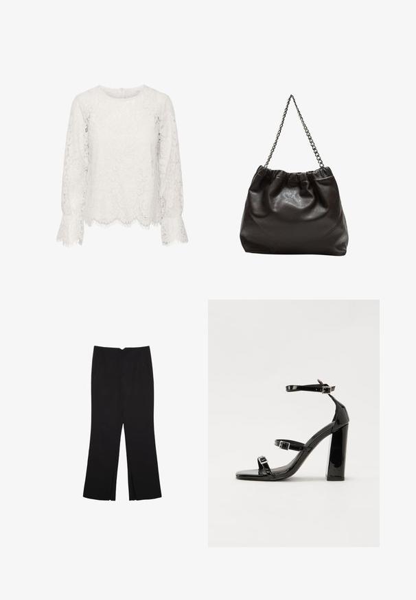 Top in pizzo bianco con maniche lunghe, scollatura rotonda, orlo ondulato con bordi frangiati e motivo floreale in pizzo su tutta la superficie.; Pantaloni neri a gamba dritta, con tasche frontali e spacchi laterali all'orlo. Realizzati in tessuto morbido e liscio. Adatti a diverse occasioni.; Sandali con tacco in vernice nera, con punta squadrata, cinturini alla caviglia e fibbie in argento. Presentano un tacco a blocco spesso per maggiore stabilità.; Borsa in pelle marrone con parte superiore arricciata e tracolla a catena. Texture liscia con finitura lucida e dettagli di cucitura sottili sui lati.
