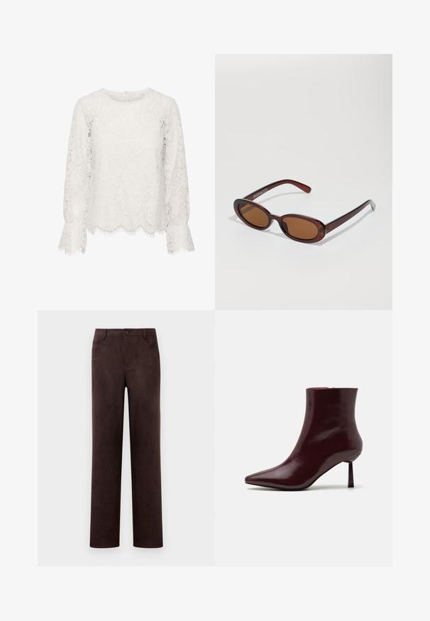 Bílý krajkový top s dlouhými rukávy, kulatým výstřihem, lemem s oblými okraji a květinovým krajkovým vzorem po celé ploše.; Kalhoty z tmavohnědého semiše s rovnými nohavicemi, předním zapínáním na knoflík a zip, poutky na opasek a bočními kapsami.; Burgundské lakované kozačky po kotníky se špičatou špičkou a štíhlým jehlovým podpatkem, s hladkou, lesklou texturou a minimalistickým designem.; Kulaté sluneční brýle hnědé barvy s lesklým burgundským rámem. Úzké nožičky s jemným logem. Rovné čočky.; Tkaná bordó kabelka s kulatým tvarem a jedním uchopem, která má texturovaný povrch a elastické stahovací šňůrky.