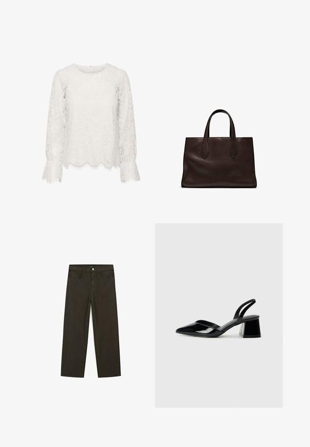 Weisses Spitzentop mit langen Ärmeln, rundem Ausschnitt, gewelltem Saum mit fransigen Kanten und floralem Spitzenmuster.; Dunkelgrüne Jeans im weit geschnittenen Style, hergestellt aus einem Baumwollgemisch. Sie verfügen über einen Frontknopfverschluss, fünf Taschen und klassische Denim-Nähte.; Schwarze Lackleder-Slingback-High Heels mit spitzem Schuh und einem geometrischen Blockabsatz. Verfügt über ein schlankes, minimalistisches Design und eine glatte Textur.; Braune Ledertasche mit zwei langen Griffen, strukturierte rechteckige Form, glatte Textur und dezente Nähdetails.