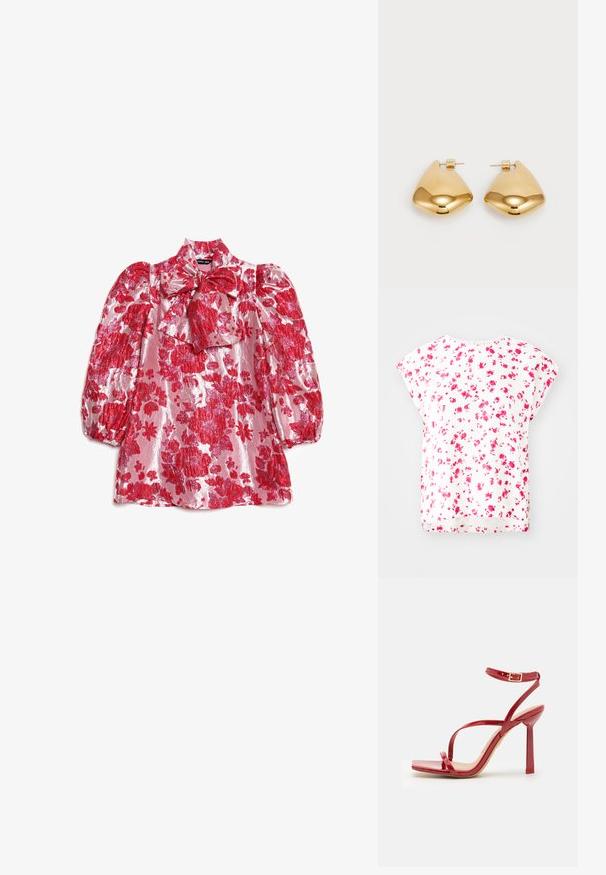 White top featuring a floral pattern in pink tones, short dolman sleeves, and a relaxed fit with a rounded neckline. Textured fabric detail.; Red floral blouse with puff sleeves, high neck, and bow detail. Made of shiny fabric with a pattern of large flowers on a pink background.; ALDO SCINTILLA - High heeled sandals - red; Red leather shoulder bag with a smooth texture, curved design, and a decorative buckle accent. Adjustable strap and zip closure.; Gold-tone metal earrings with a smooth, rounded triangular shape and post-back design; reflective surface with minimal detailing.