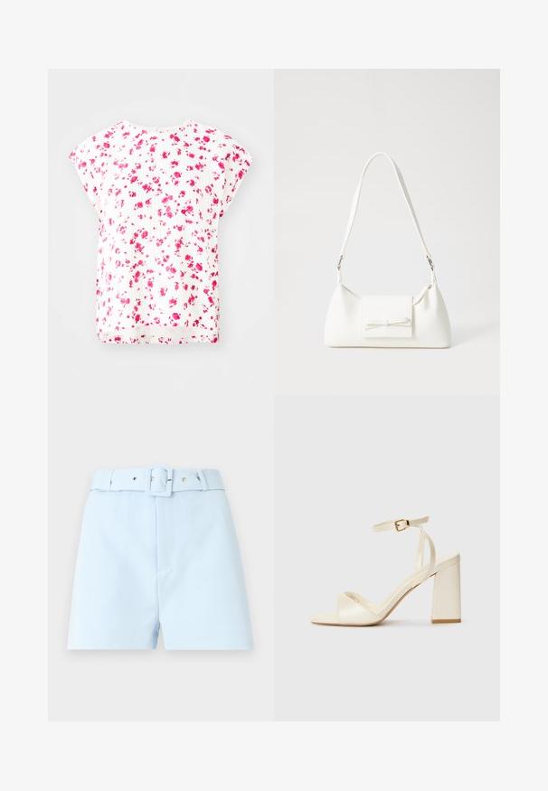 Vit topp med ett blommönster i rosa nyanser, korta dolmansärmar och en avslappnad passform med rundad halsringning. Texturerad tygdetalj.; Ljusblå shorts med bälte i midjan, med fyrkantig spänne och metallackenteringar. Slätt tyg, skräddarsydd passform och plisserad front.; Krämfärgade klacksandaler med öppen tå, tjock blockklack, smal ankelrem och diskret glansig finish. Spänne som accent på remmen.; Vit syntetisk handväska med triangulär form, platt framklaff och rosettdetalj, justerbar rem, slät textur och minimalistisk design.